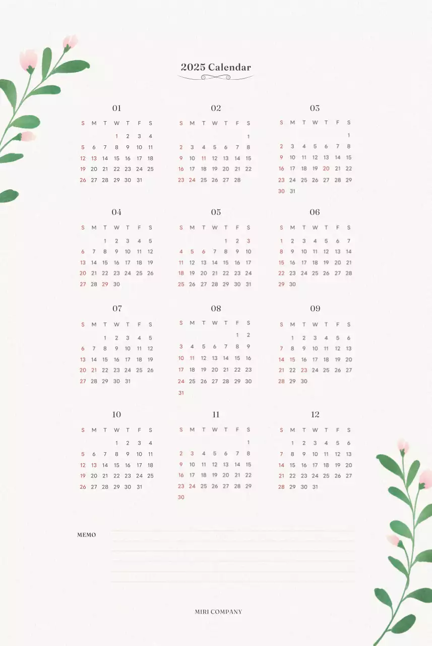 アイボリーとグリーンのシンプルな2025年花柄壁掛けカレンダー