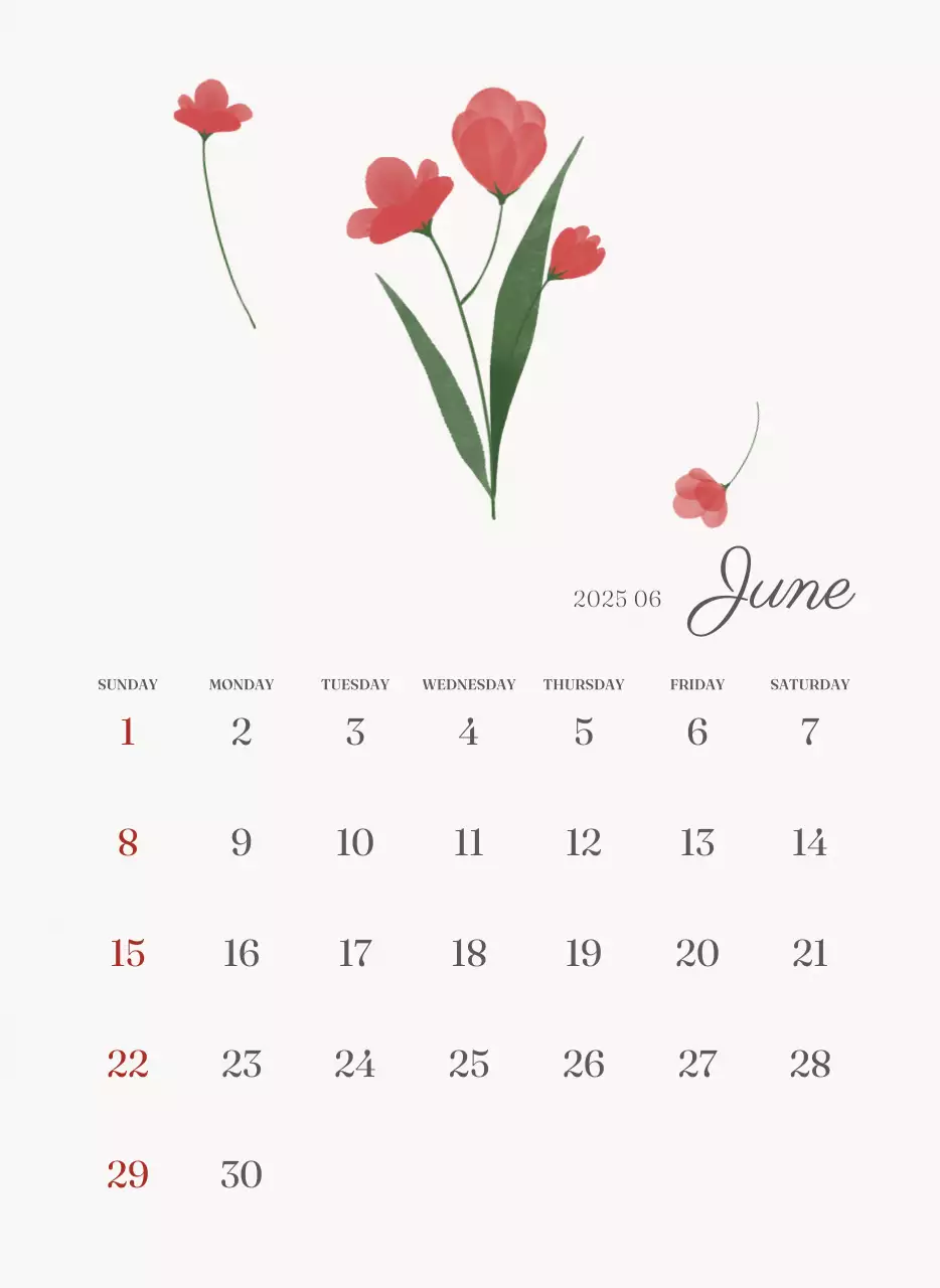 アイボリーとグリーンのシンプルな2025年花柄壁掛けカレンダー