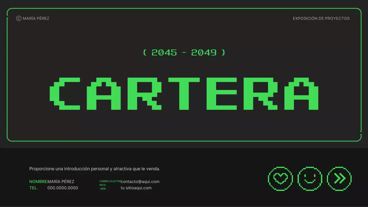 Portafolio con sencillas ilustraciones pixeladas en colores neón para el nuevo año