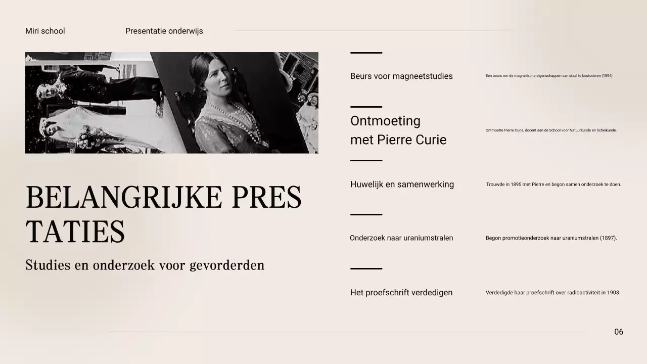 Zwart en beige Vintage Minimal Exploring the Life of Marie Curie Lesmateriaal