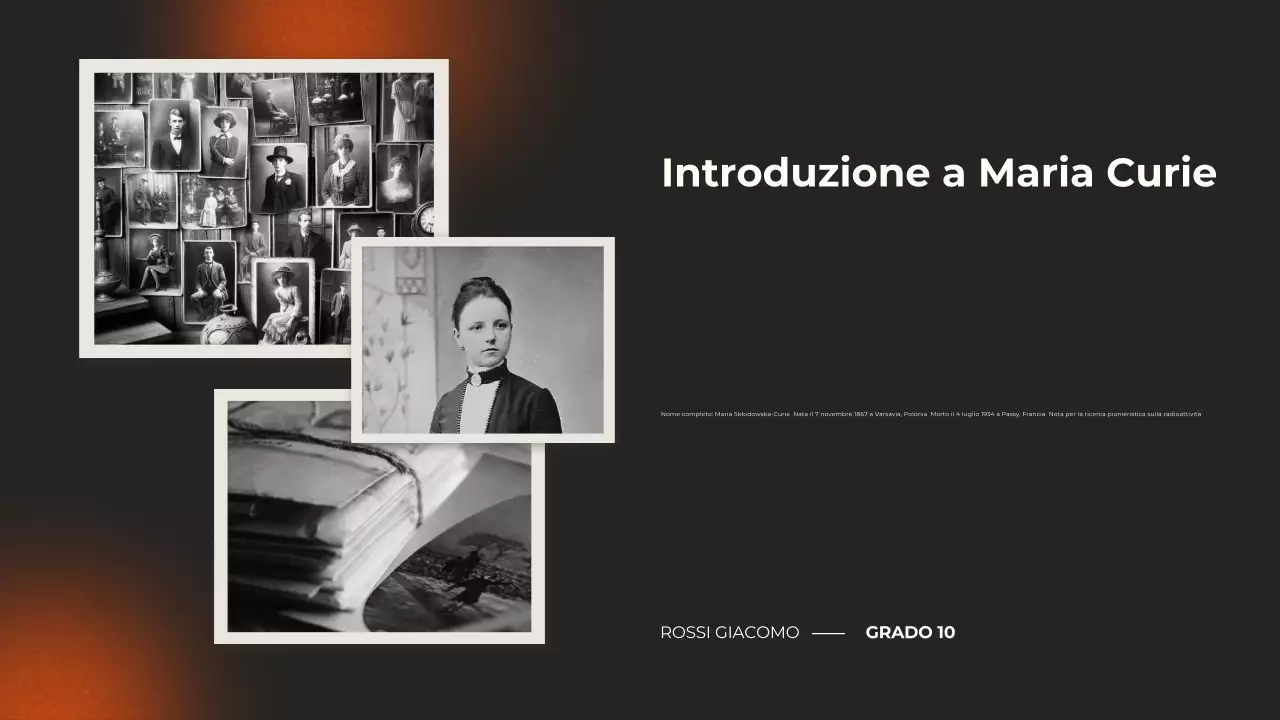presentazione del corso di biografia moderna in nero e arancio