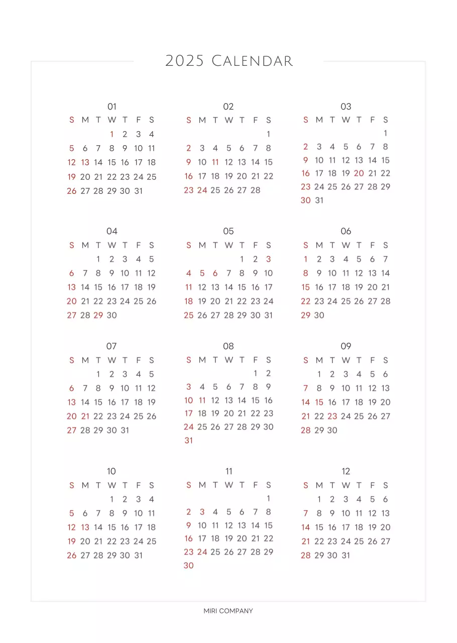 白と黒のシンプルな2025年版数字の壁掛けカレンダー
