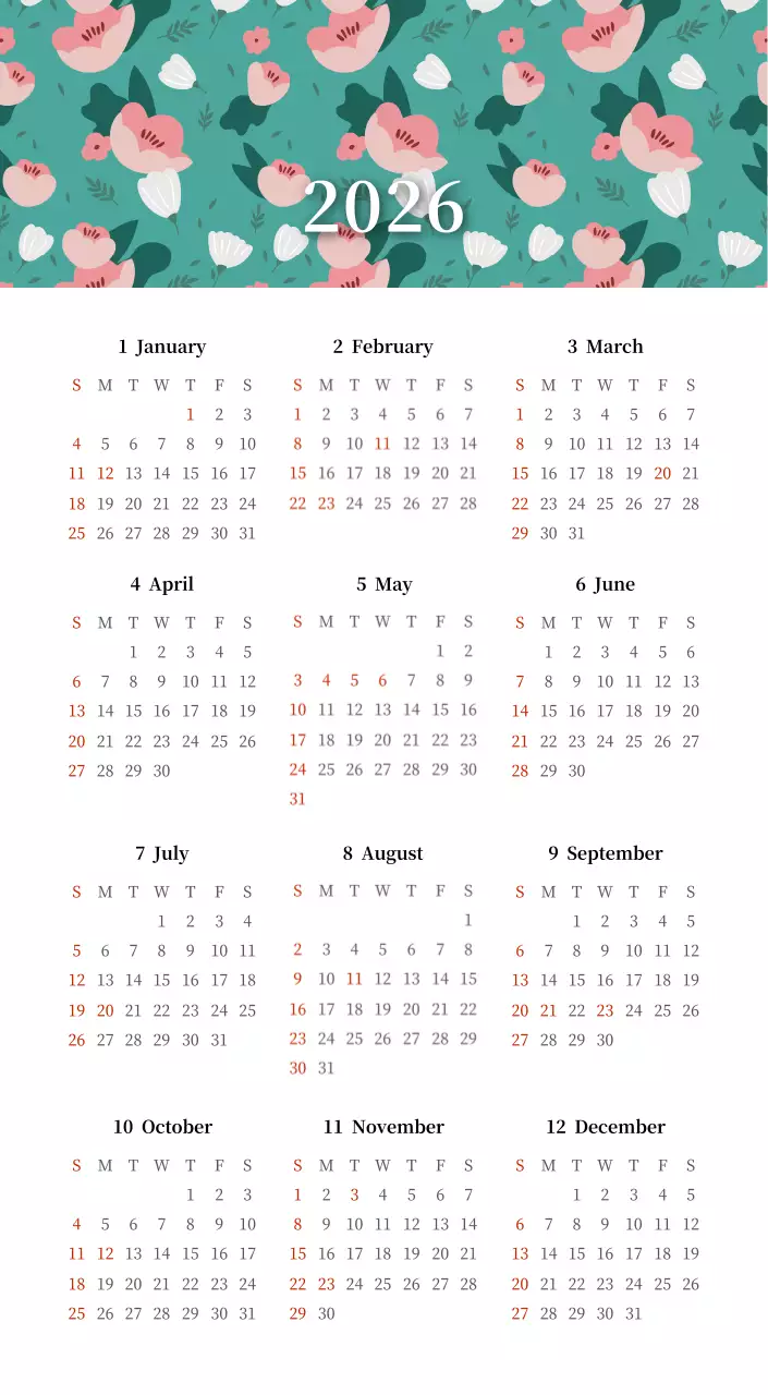 カラフルで美しい花のカレンダー