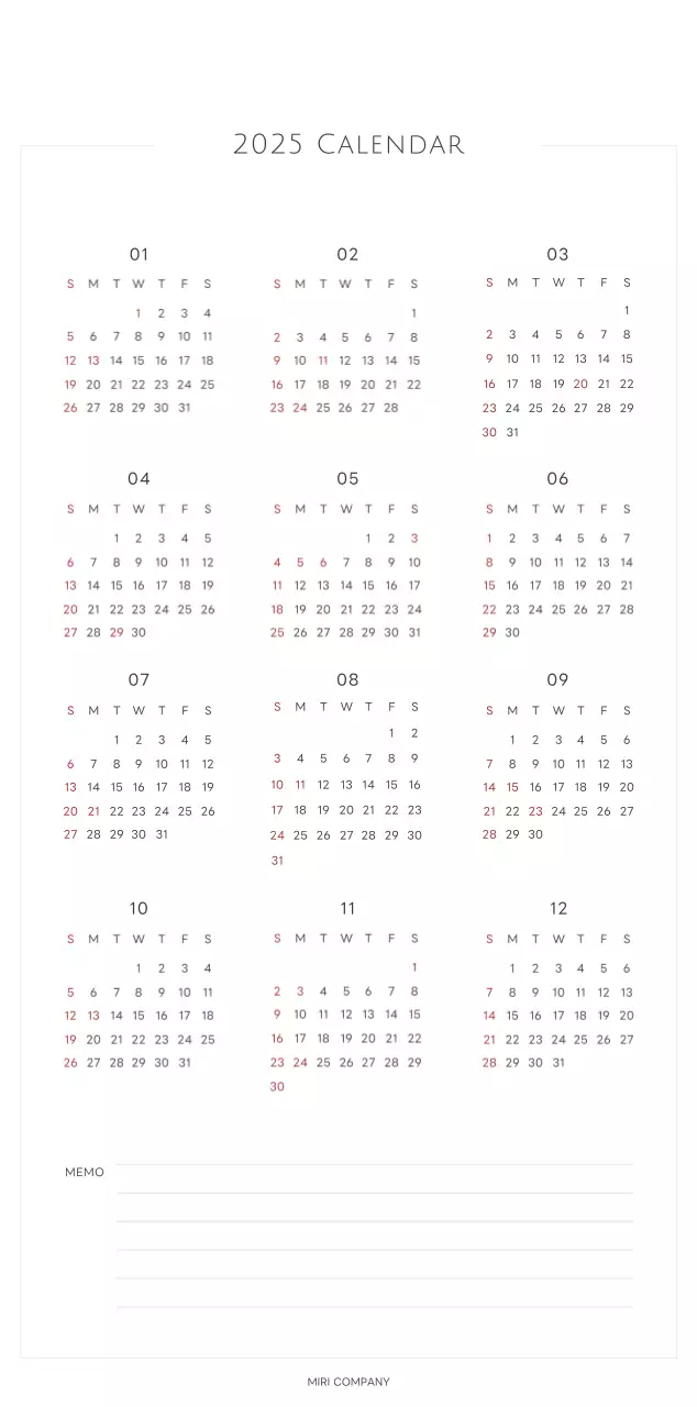 白と黒のシンプルな2025年版数字の壁掛けカレンダー