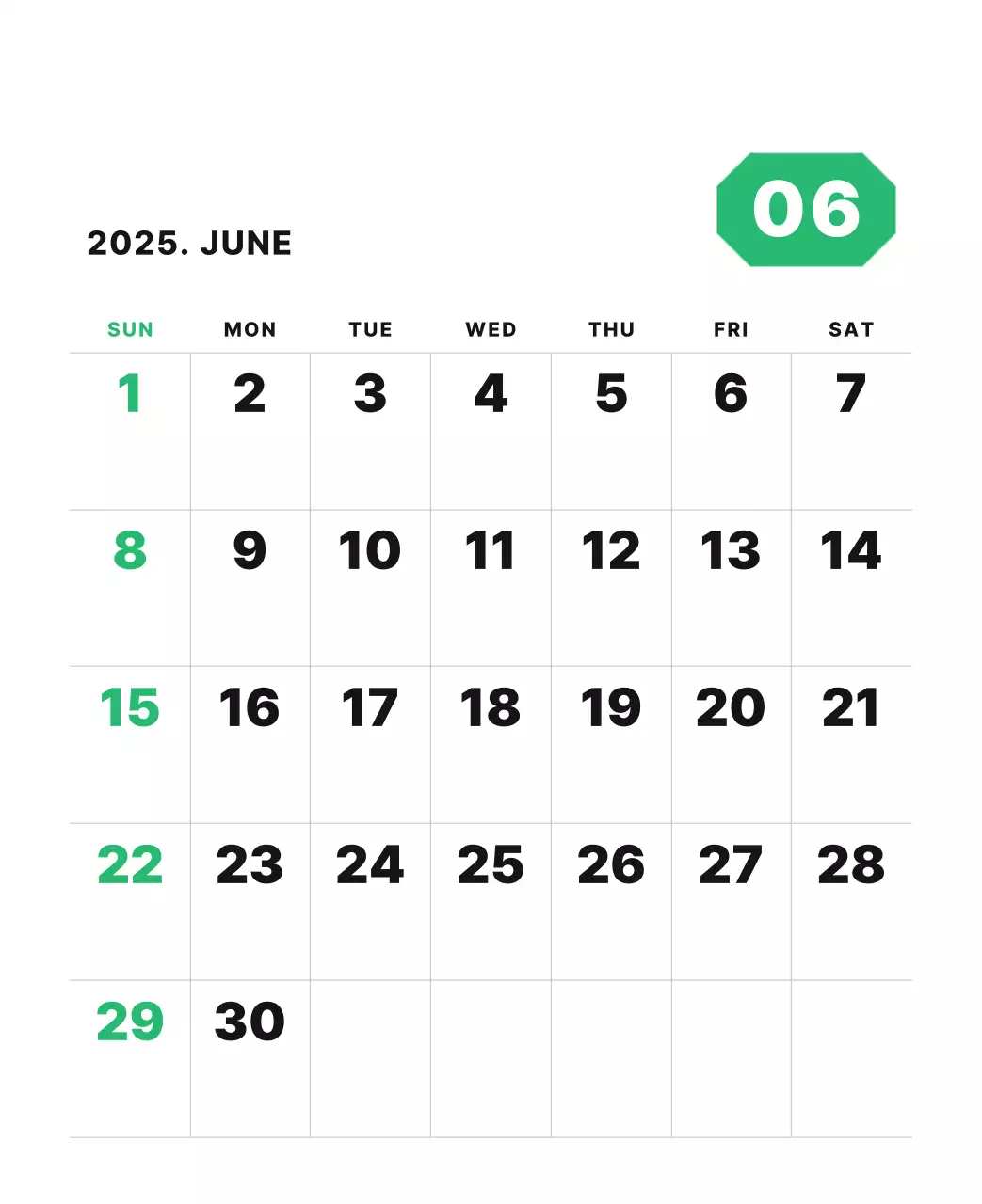 カラフルでシンプルな数字カレンダー