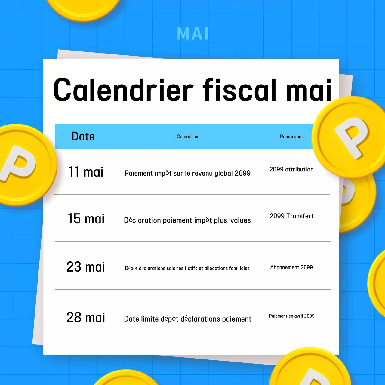 Guide de l'échéancier fiscal simple bleu clair
