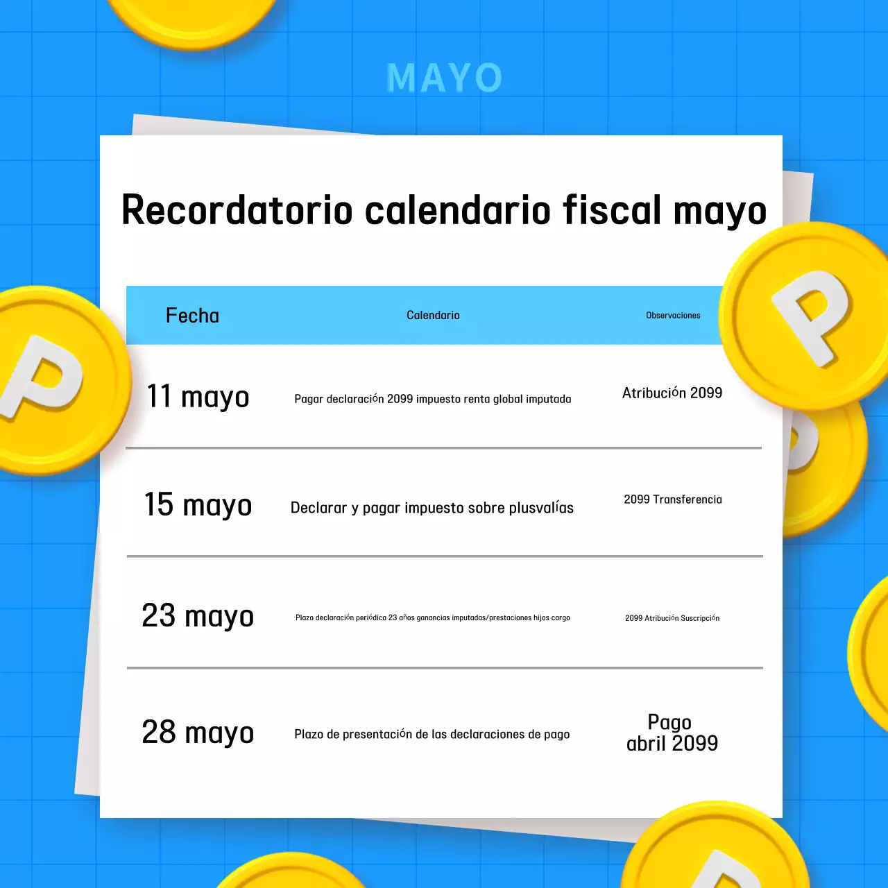 Azul claro Guía simple del calendario fiscal