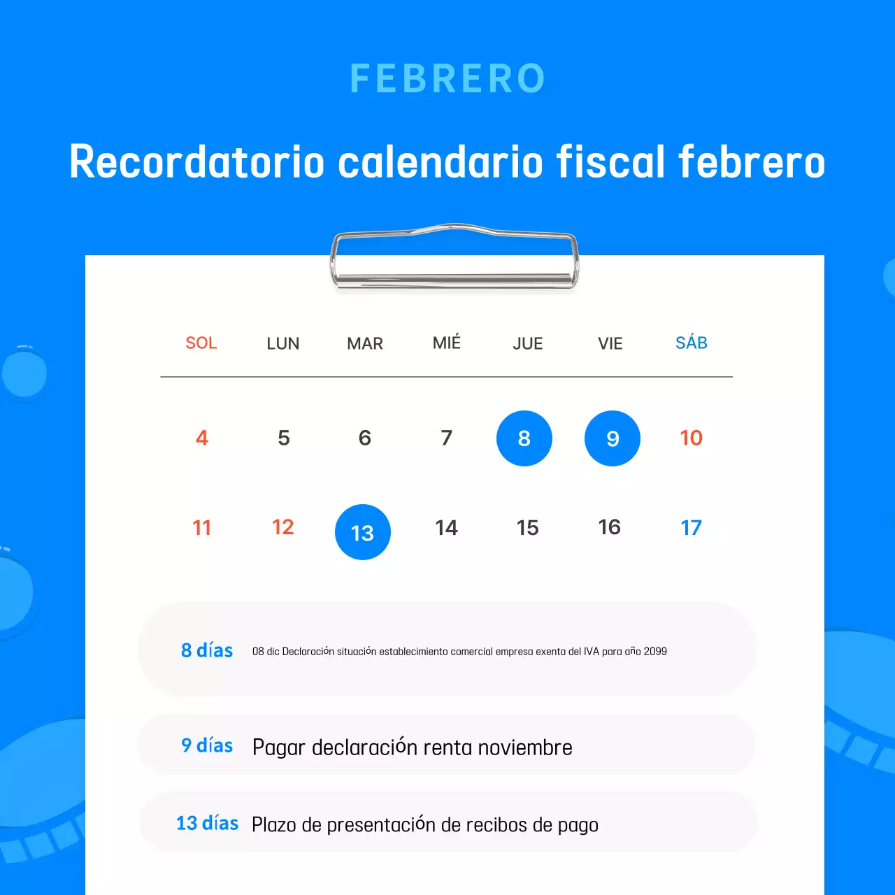 Azul claro Guía simple del calendario fiscal