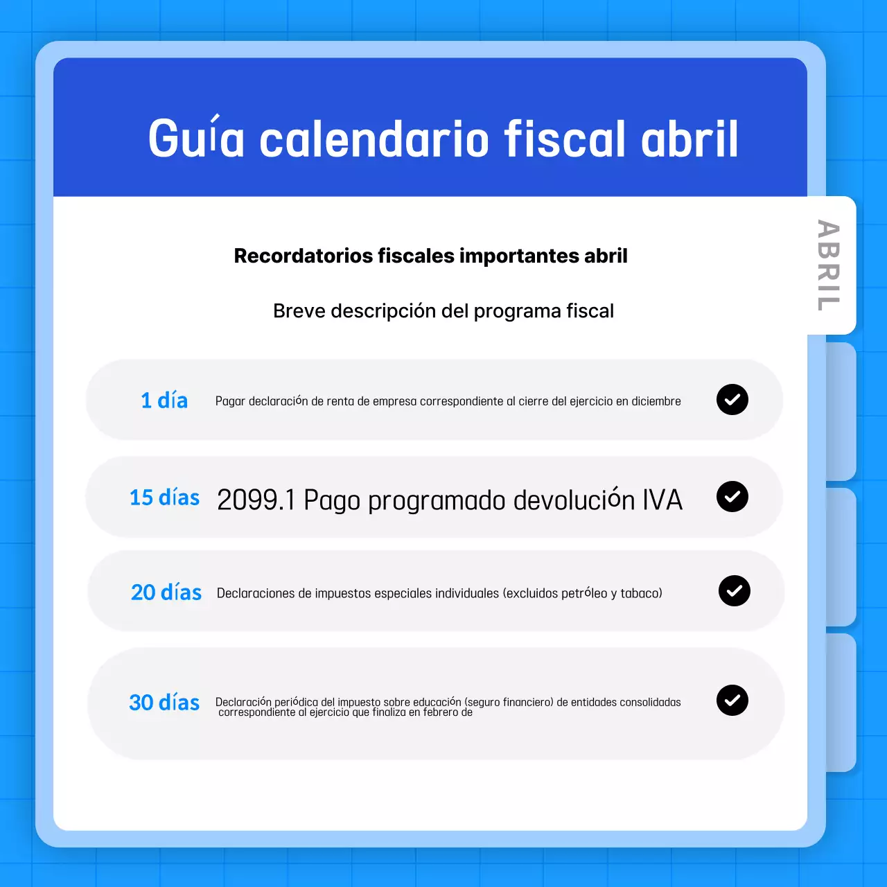 Azul claro Guía simple del calendario fiscal