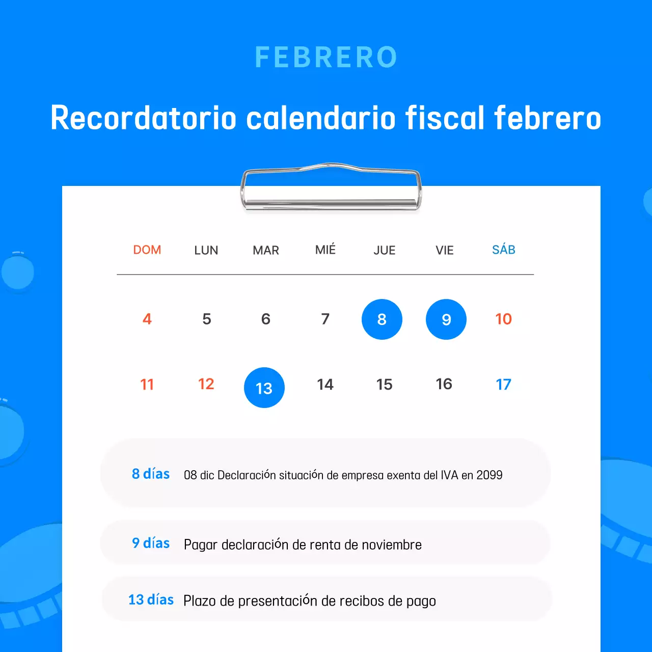 Azul claro Guía simple del calendario fiscal