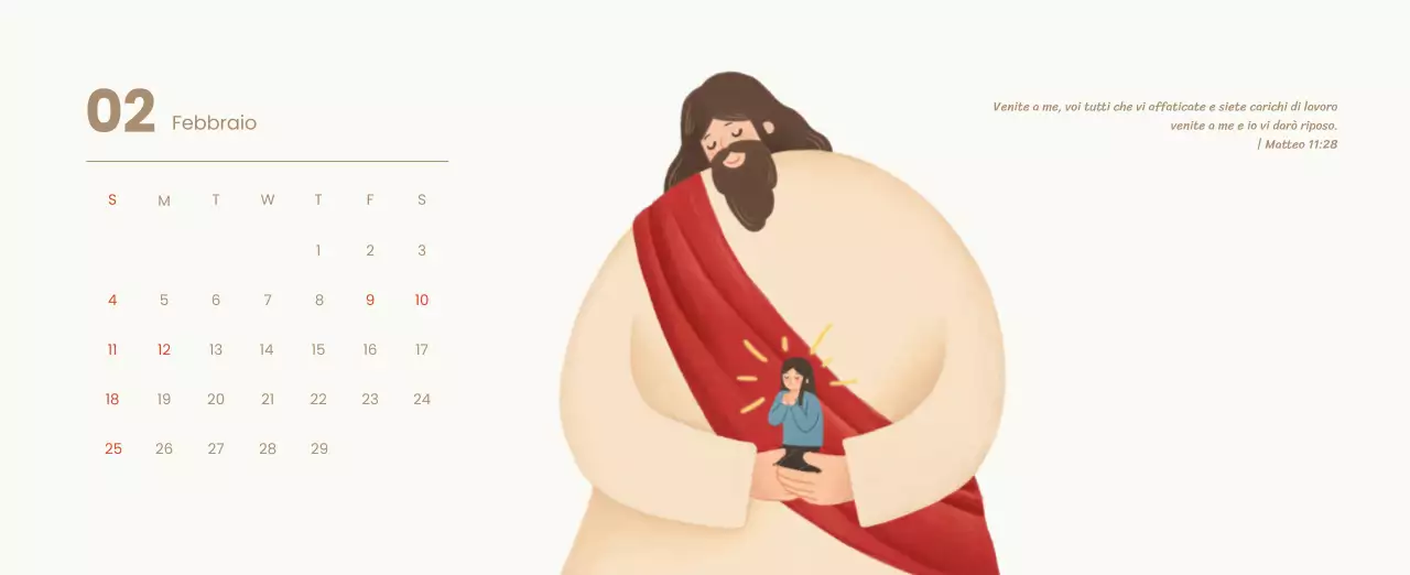 Un calendario devozionale con illustrazioni accoglienti e versetti della Bibbia su uno sfondo blu chiaro