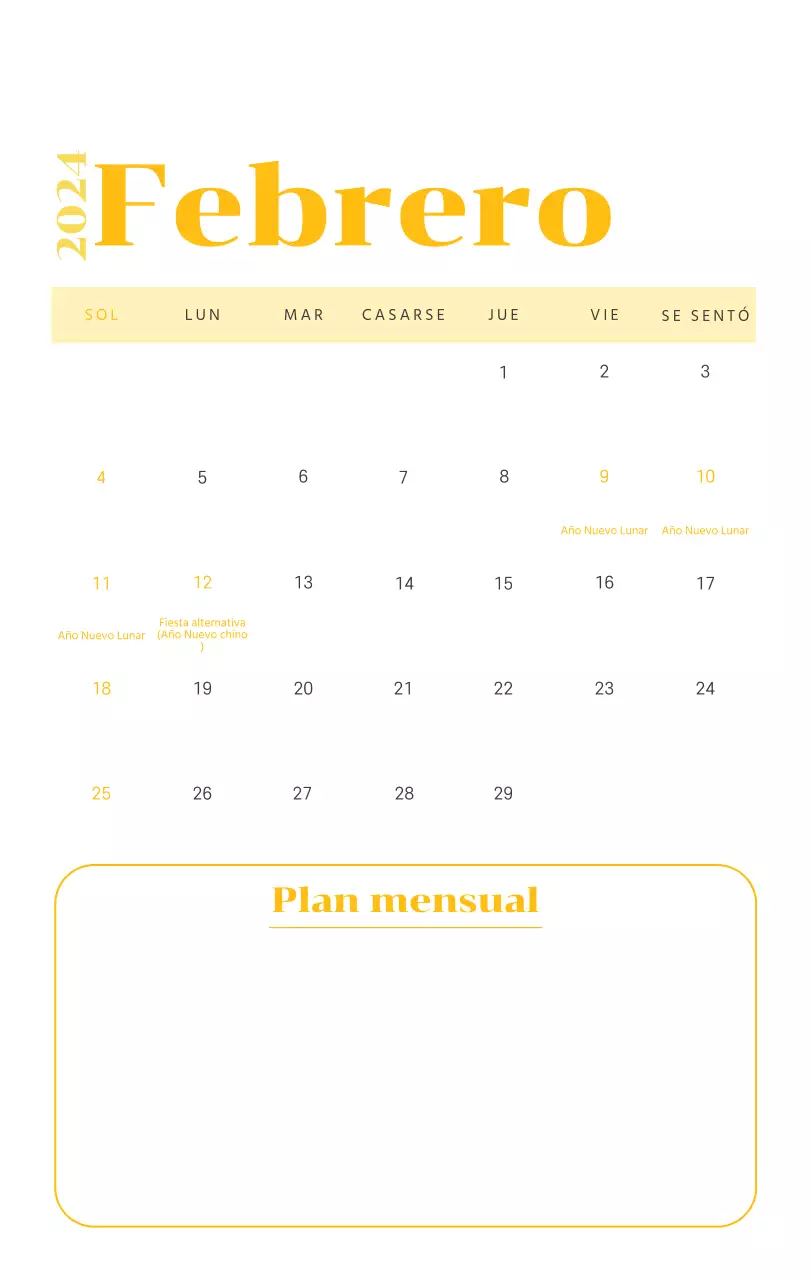 Calendario con ilustraciones juveniles sobre fondo amarillo y verde