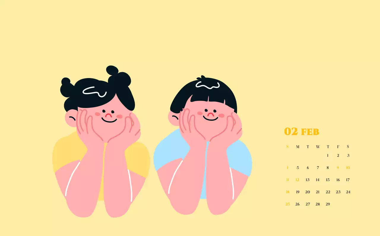 Calendario con ilustraciones juveniles sobre fondo amarillo y verde