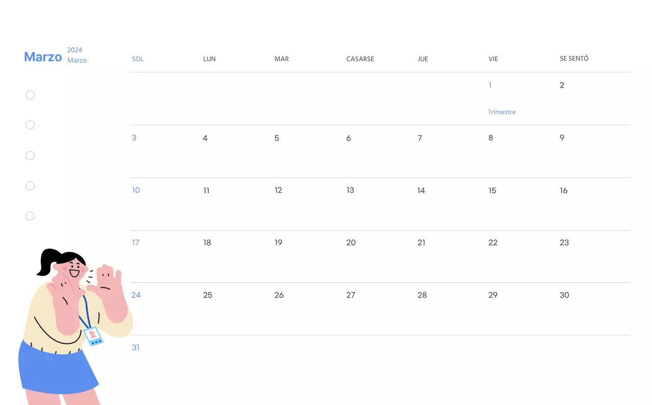 Calendario motivacional con ilustraciones llenas de energía y citas positivas sobre fondo azul claro
