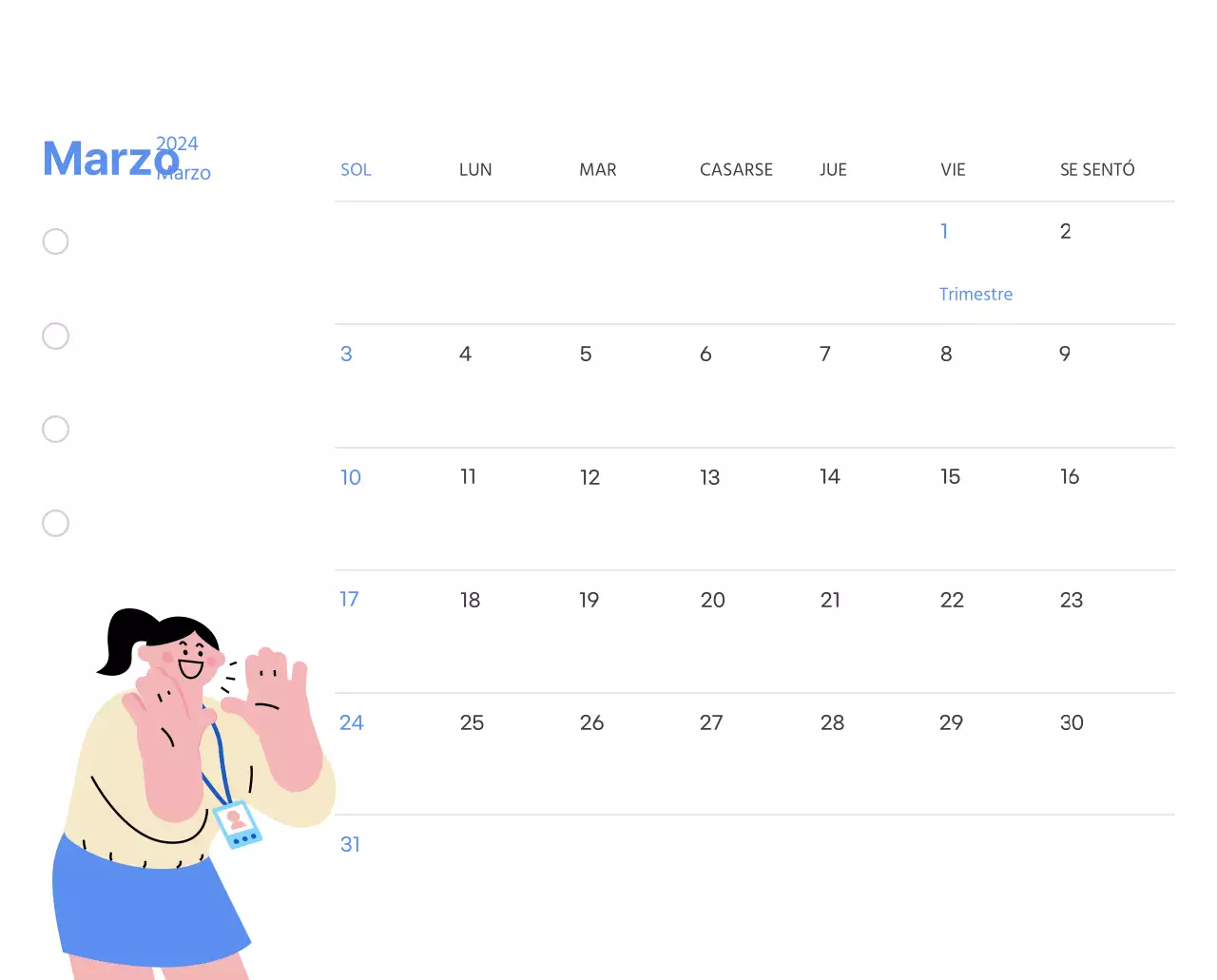 Calendario motivacional con ilustraciones llenas de energía y citas positivas sobre fondo azul claro