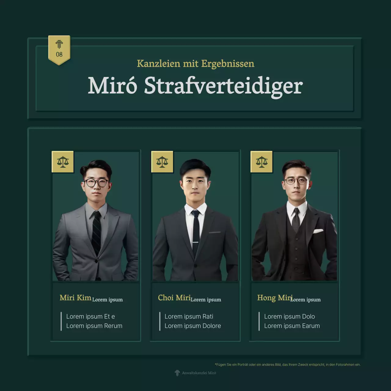 Einfaches Firmenprofil einer Anwaltskanzlei in grün und gelb