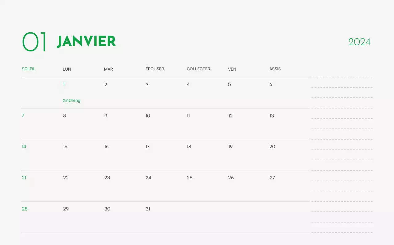 Un calendrier avec la photo d'un chiot et un message mignon aux accents verts.
