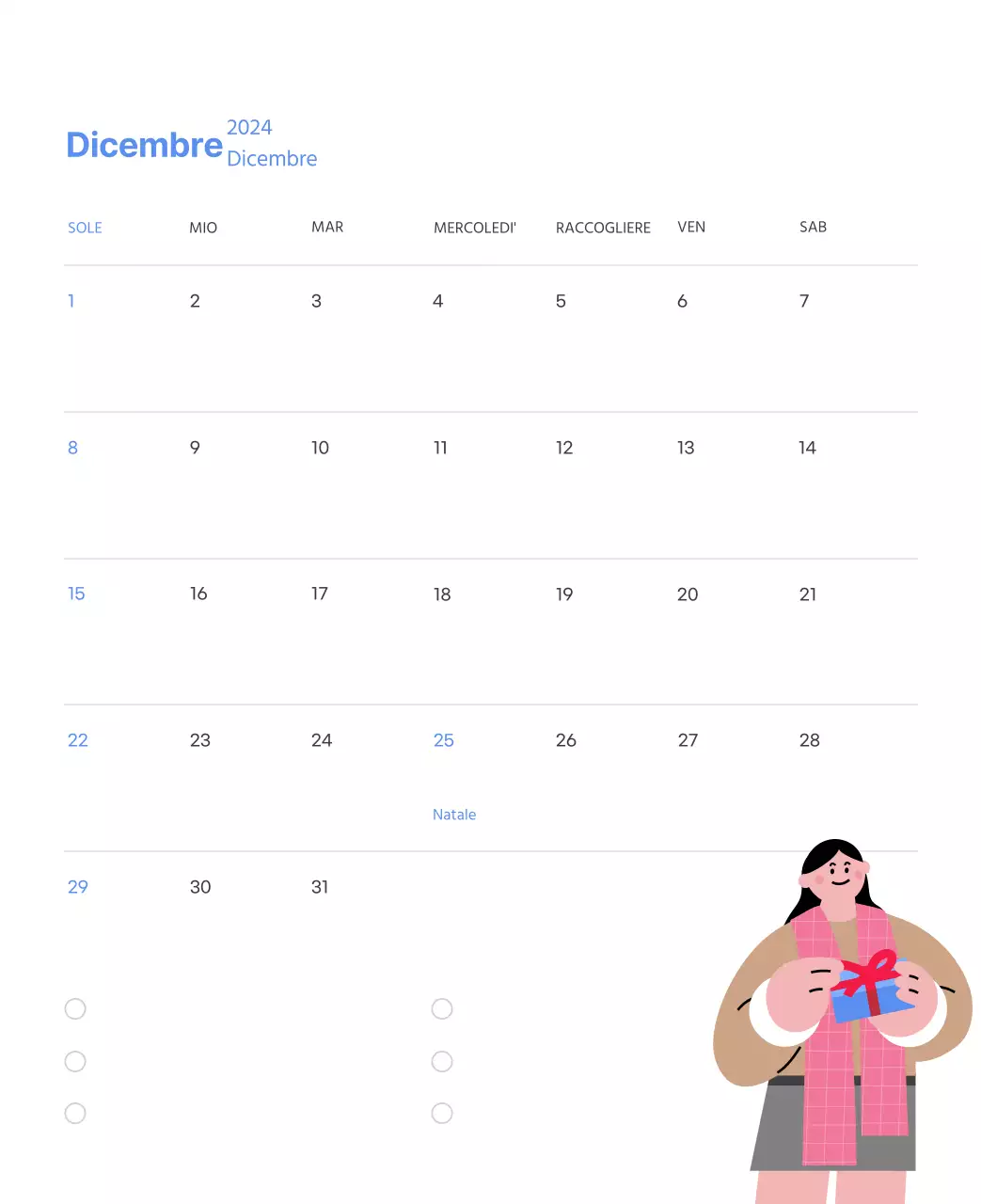 Calendario motivazionale con illustrazioni energetiche e citazioni positive su sfondo azzurro