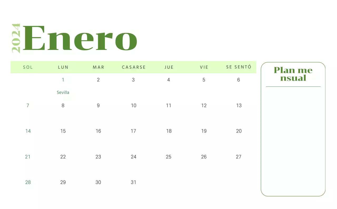 Calendario con ilustraciones juveniles sobre fondo amarillo y verde