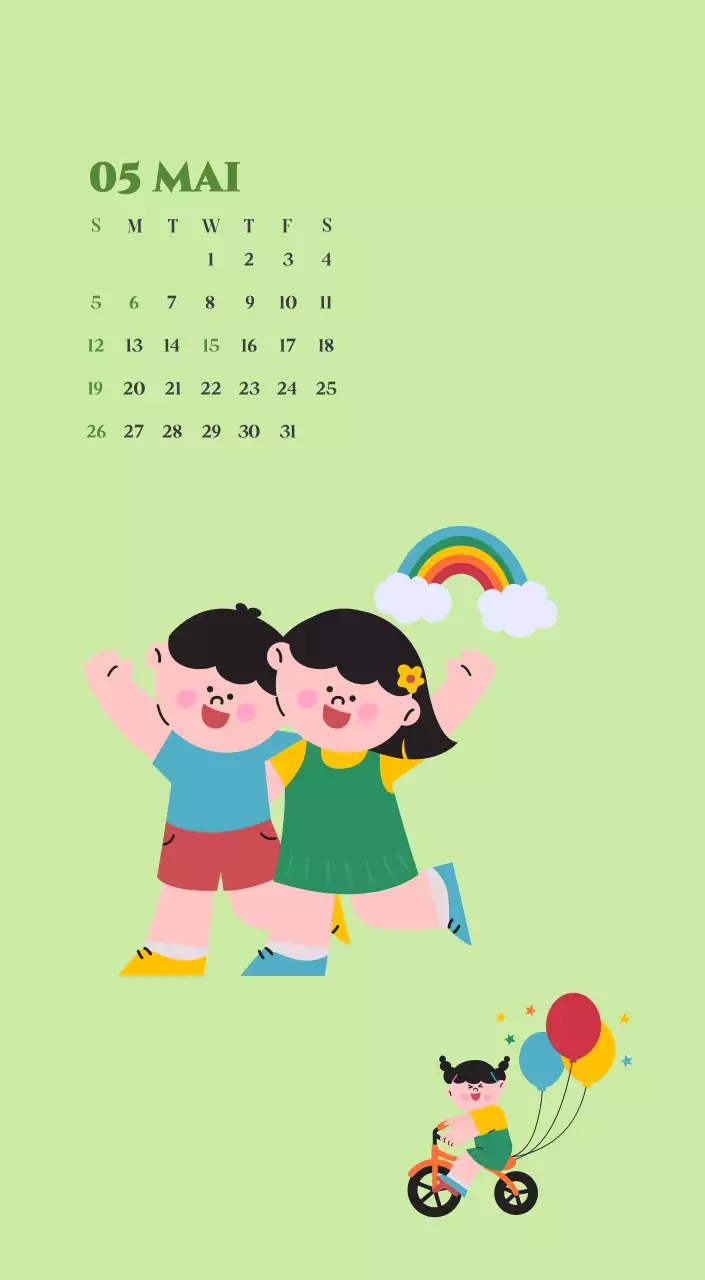 Calendrier avec illustrations de jeunes sur fond jaune et vert