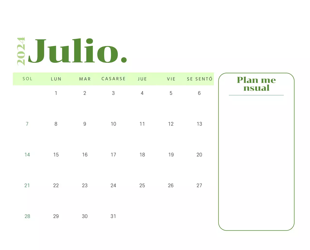 Calendario con ilustraciones juveniles sobre fondo amarillo y verde