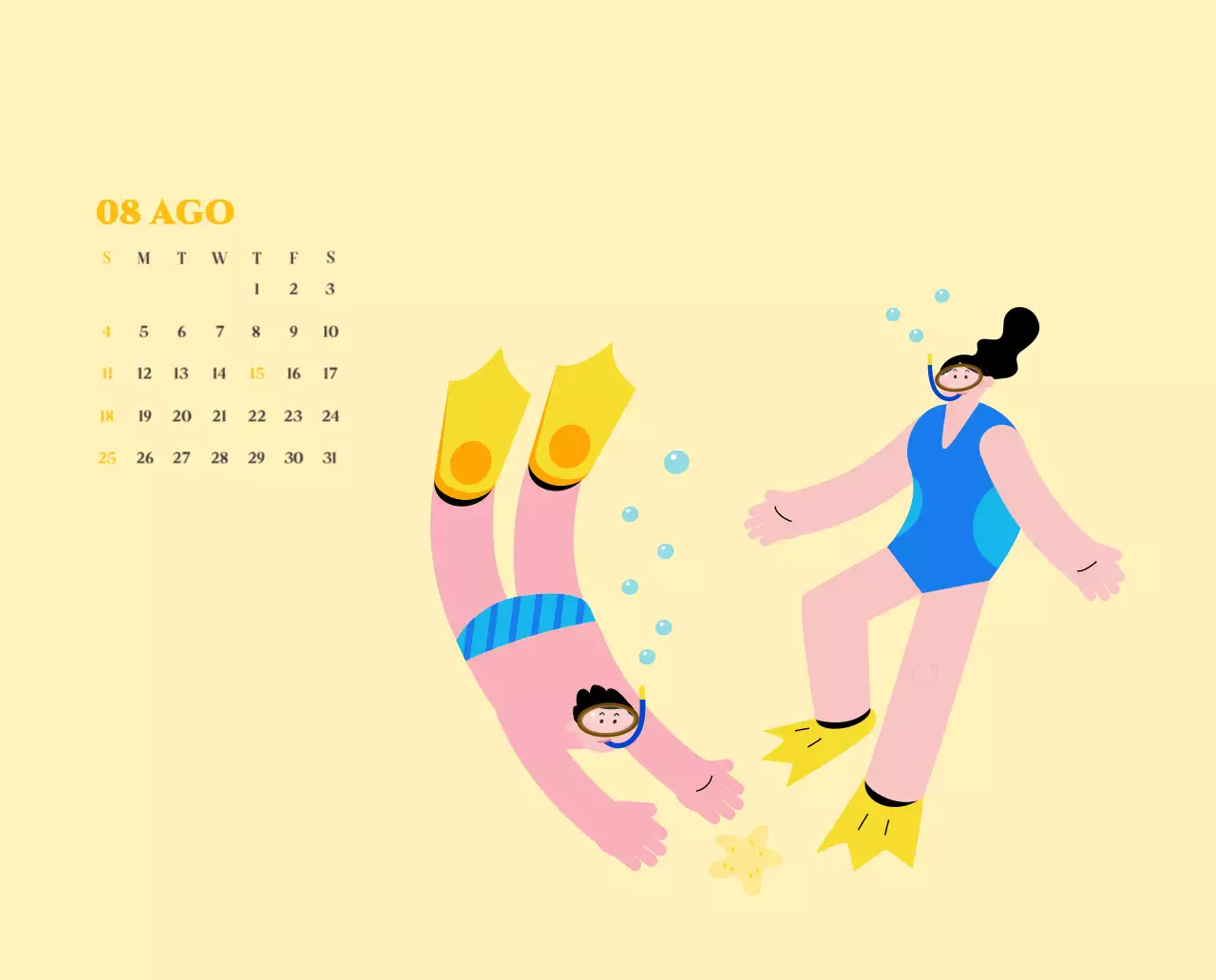 Calendario con ilustraciones juveniles sobre fondo amarillo y verde