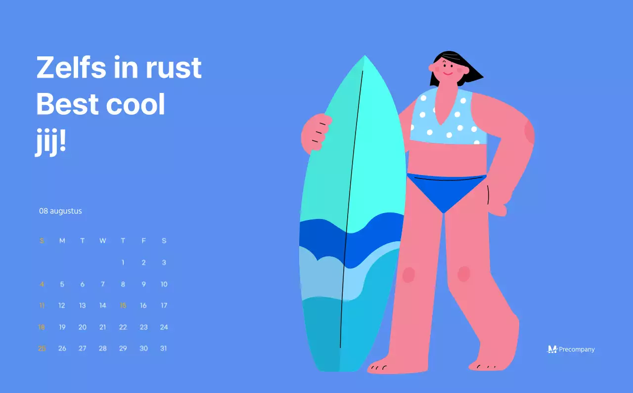 Motiverende kalender met energieke illustraties en positieve citaten op een lichtblauwe achtergrond