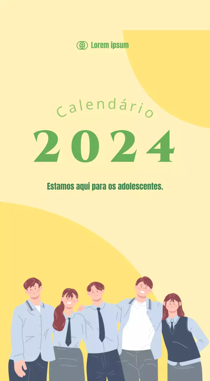 Calendário com ilustrações de jovens sobre um fundo amarelo e verde