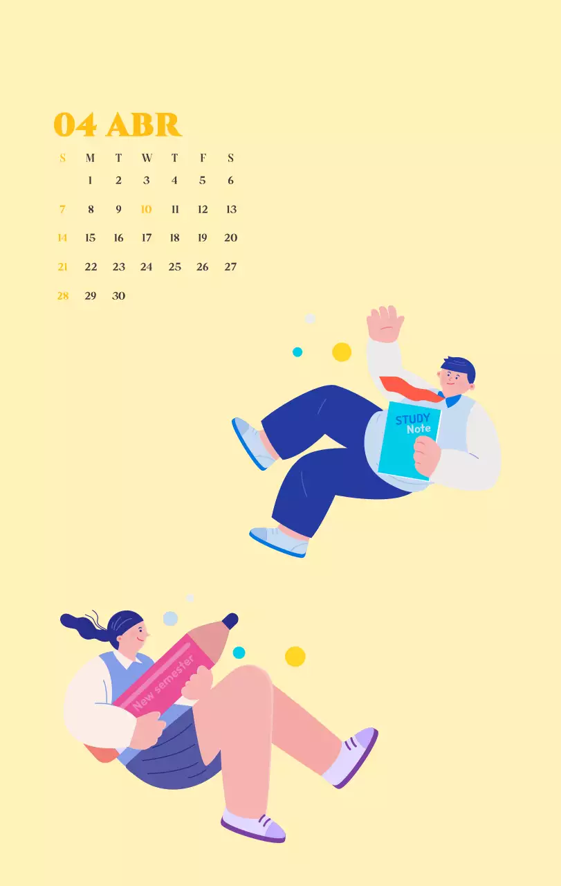 Calendario con ilustraciones juveniles sobre fondo amarillo y verde