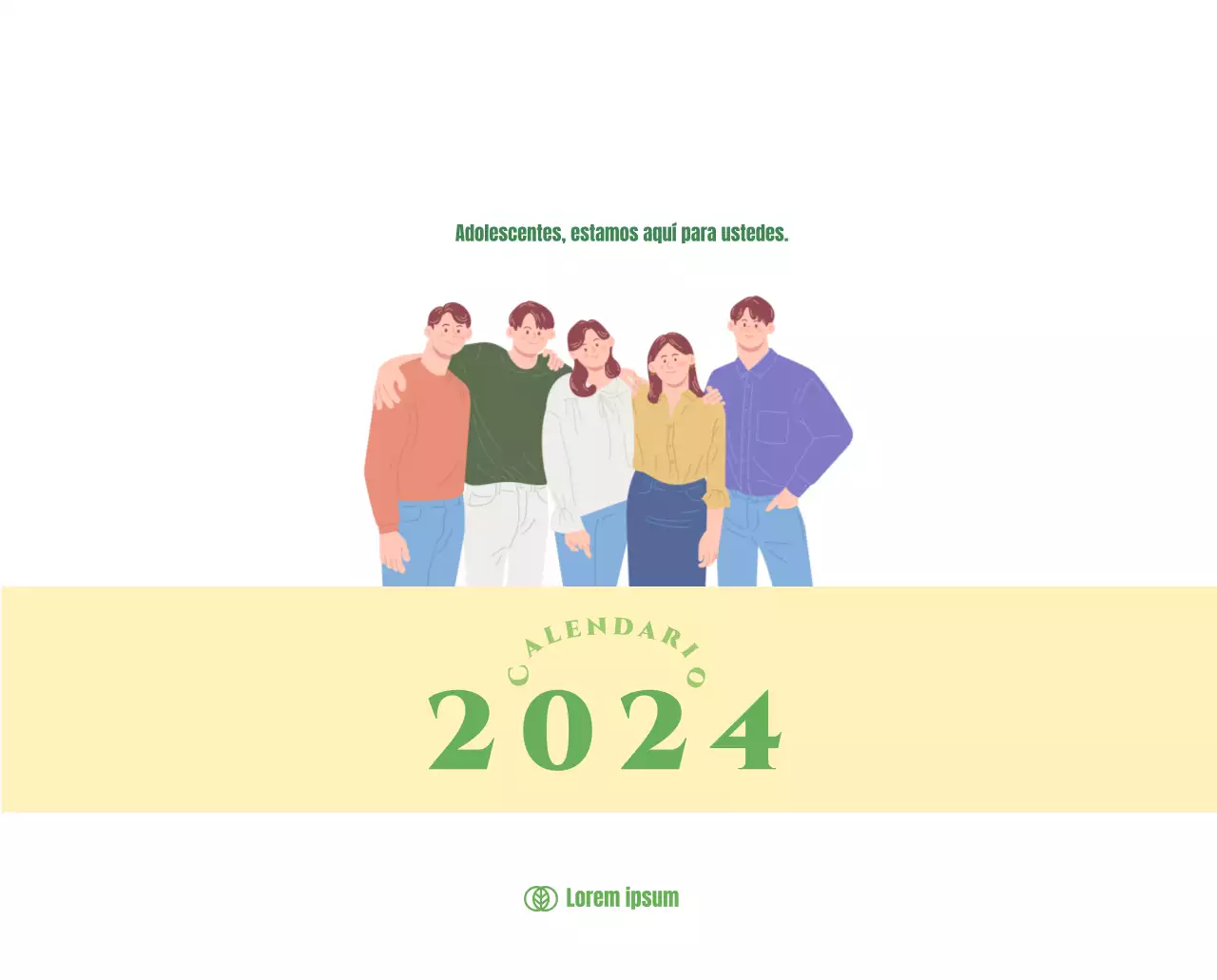 Calendario con ilustraciones juveniles sobre fondo amarillo y verde