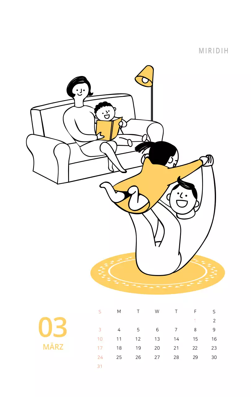 Niedlich illustrierter grüner Tischkalender mit Familienthemen