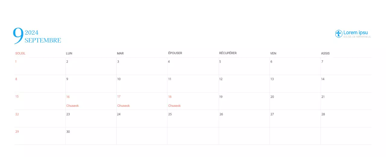 Calendrier d'église moderne bleu