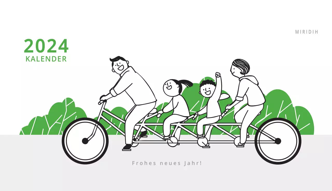 Niedlich illustrierter grüner Tischkalender mit Familienthemen