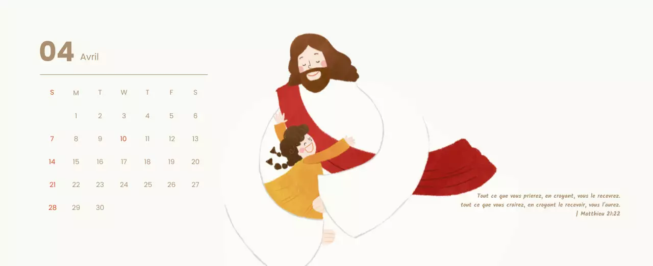 Un calendrier dévotionnel avec des illustrations douces et des versets bibliques sur un fond bleu clair.