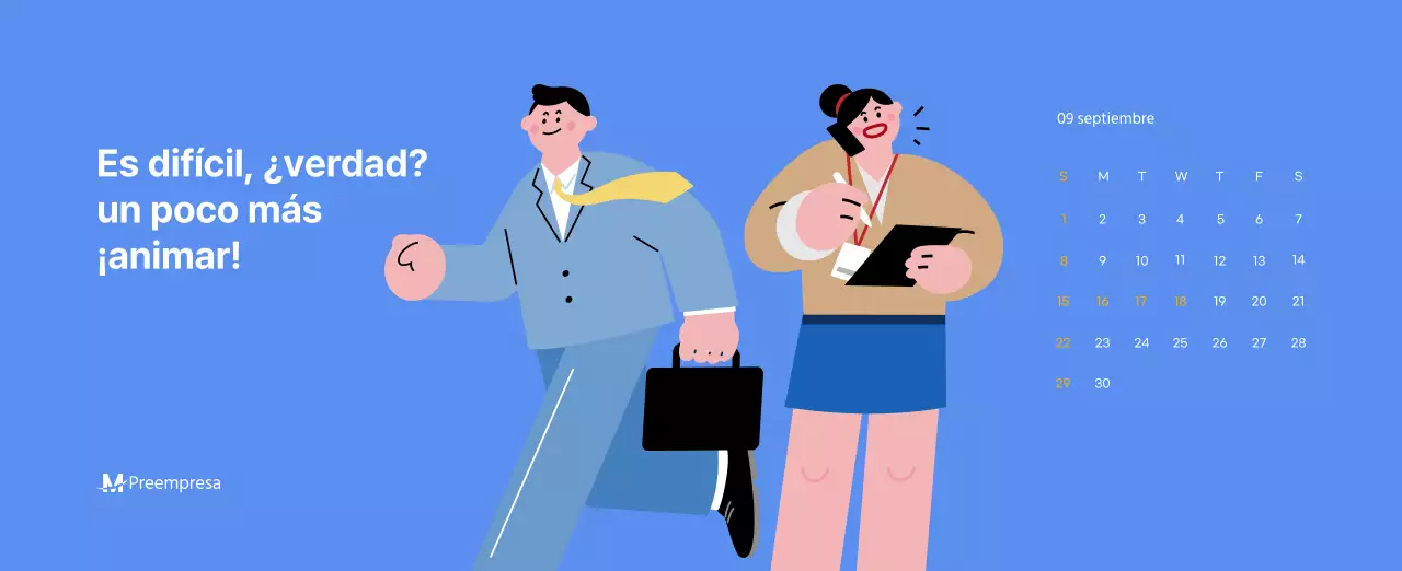 Calendario motivacional con ilustraciones llenas de energía y citas positivas sobre fondo azul claro