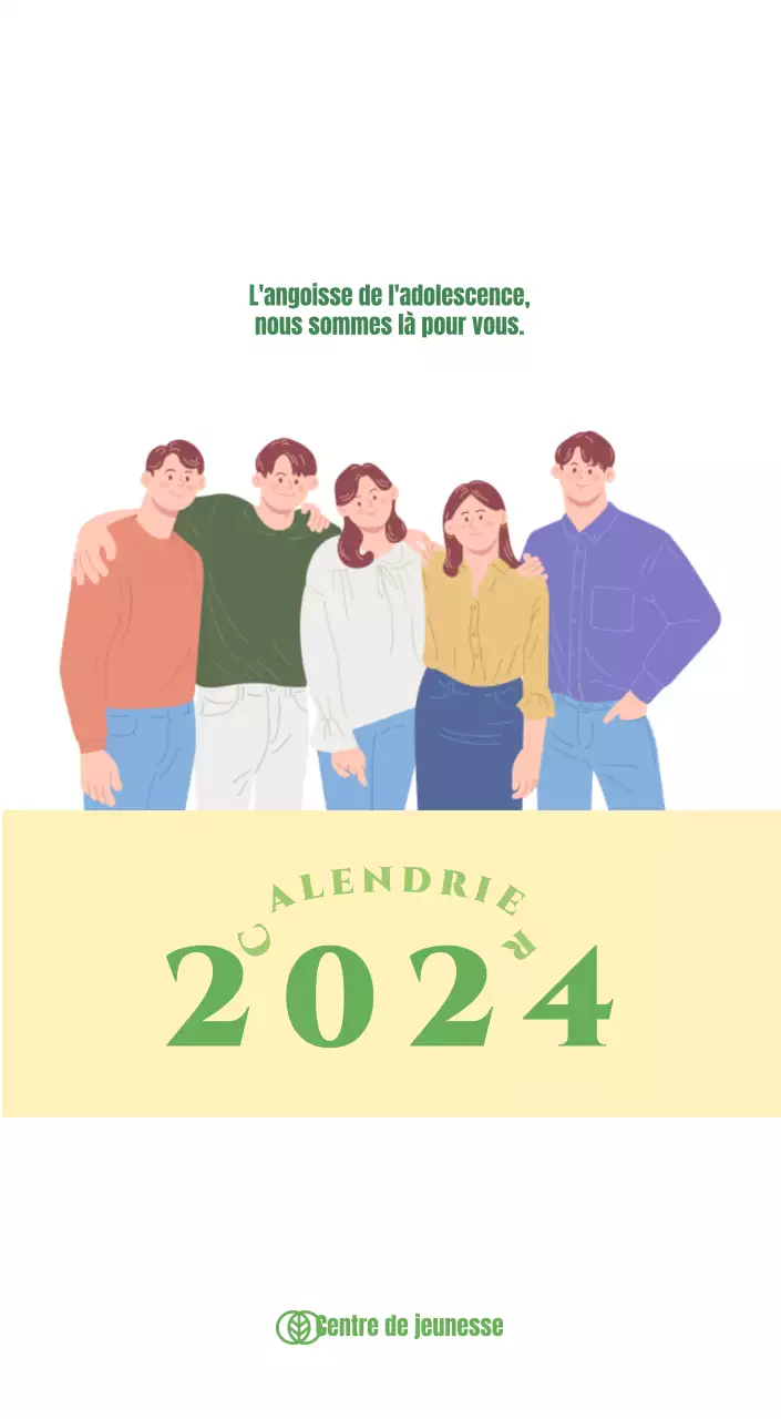 Calendrier avec illustrations de jeunes sur fond jaune et vert