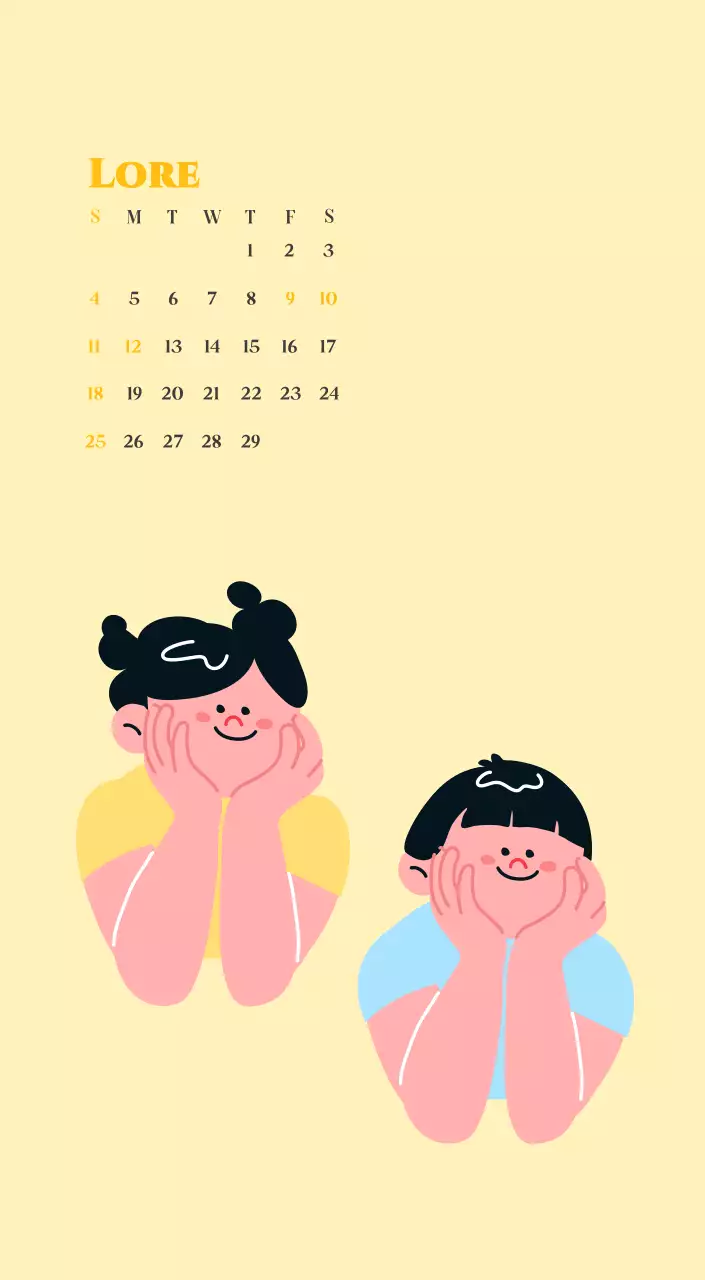 Calendario con illustrazioni giovanili su sfondo giallo e verde