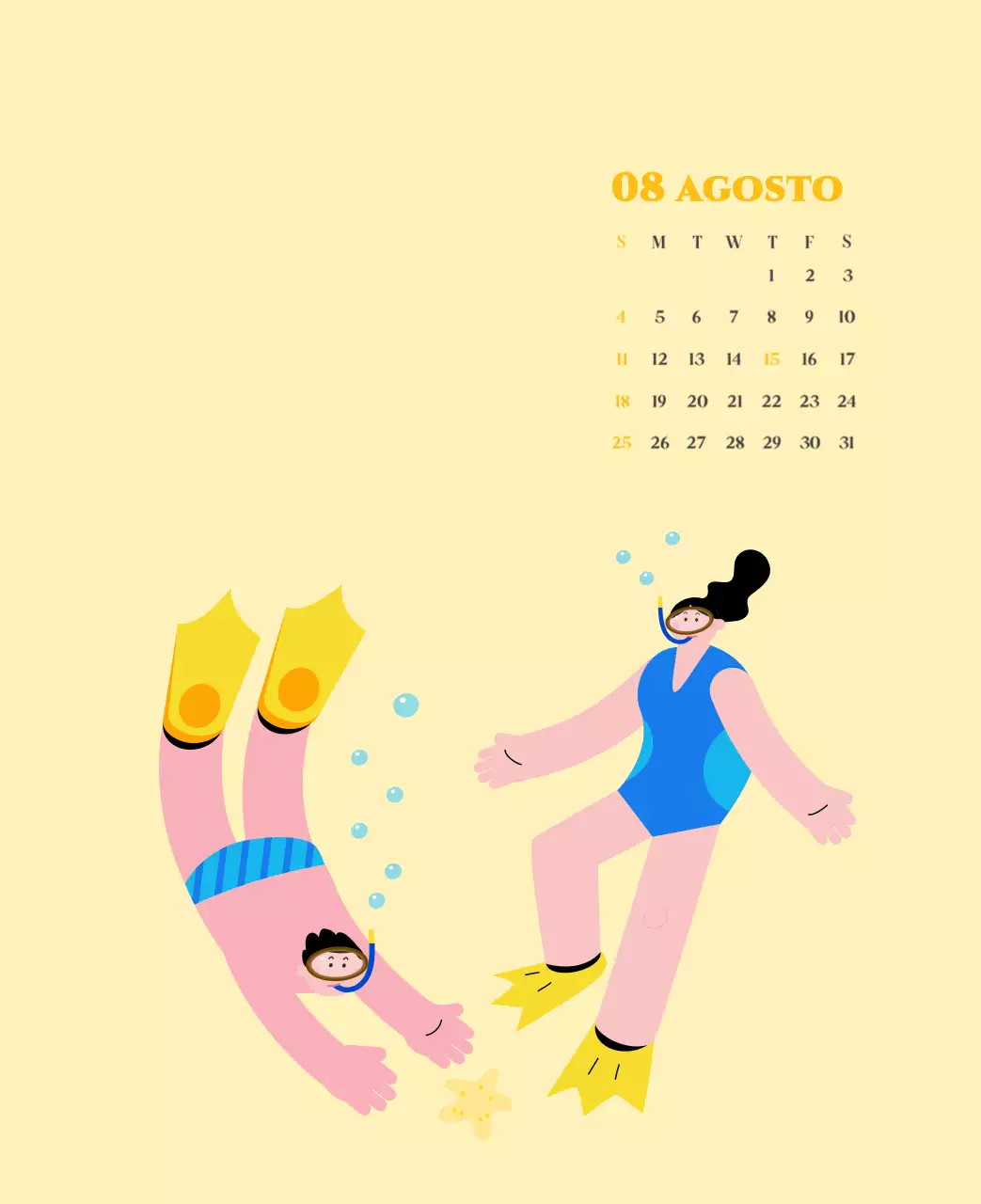 Calendario con illustrazioni giovanili su sfondo giallo e verde