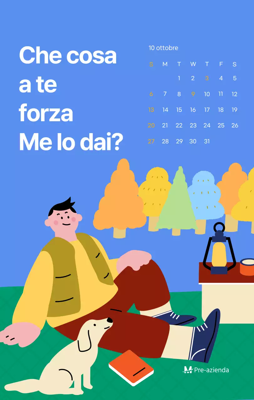 Calendario motivazionale con illustrazioni energetiche e citazioni positive su sfondo azzurro