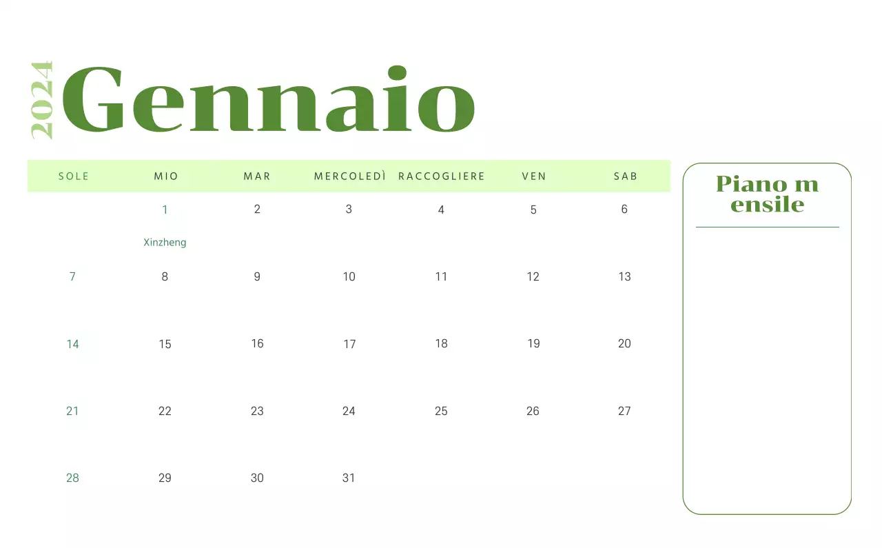 Calendario con illustrazioni giovanili su sfondo giallo e verde