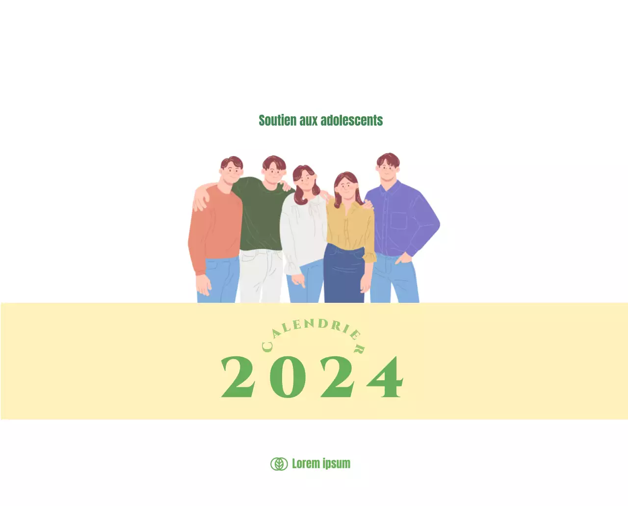 Calendrier avec illustrations de jeunes sur fond jaune et vert