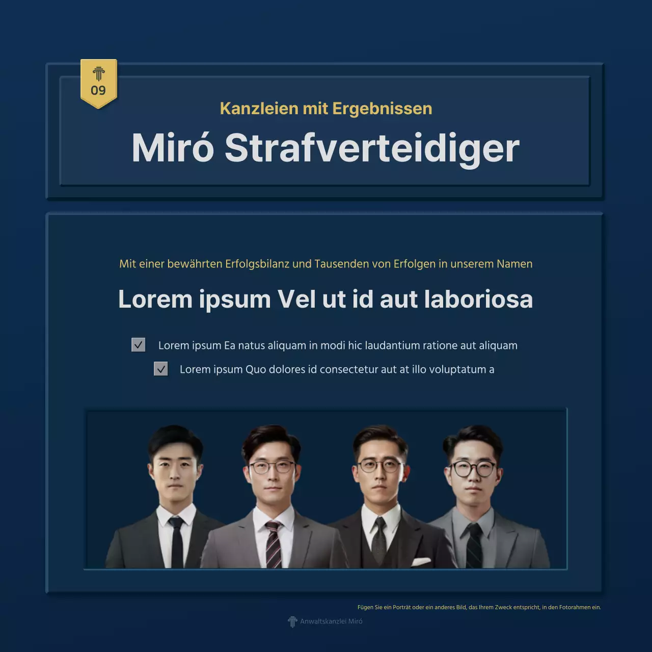 Ein einfaches blaues und gelbes Firmenprofil einer Anwaltskanzlei