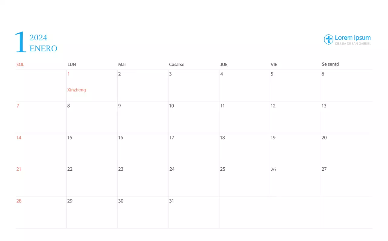 Calendario eclesiástico azul de concepto moderno