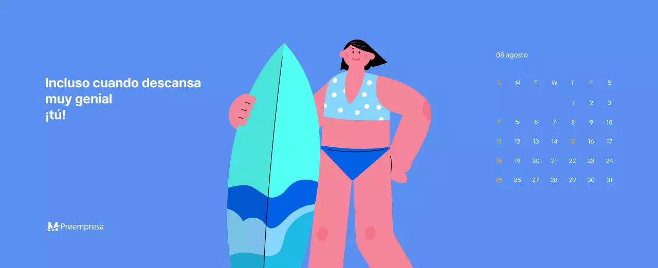 Calendario motivacional con ilustraciones llenas de energía y citas positivas sobre fondo azul claro