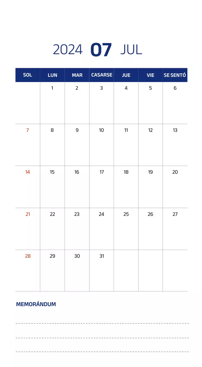 Calendario sencillo con ilustraciones limpias en azul