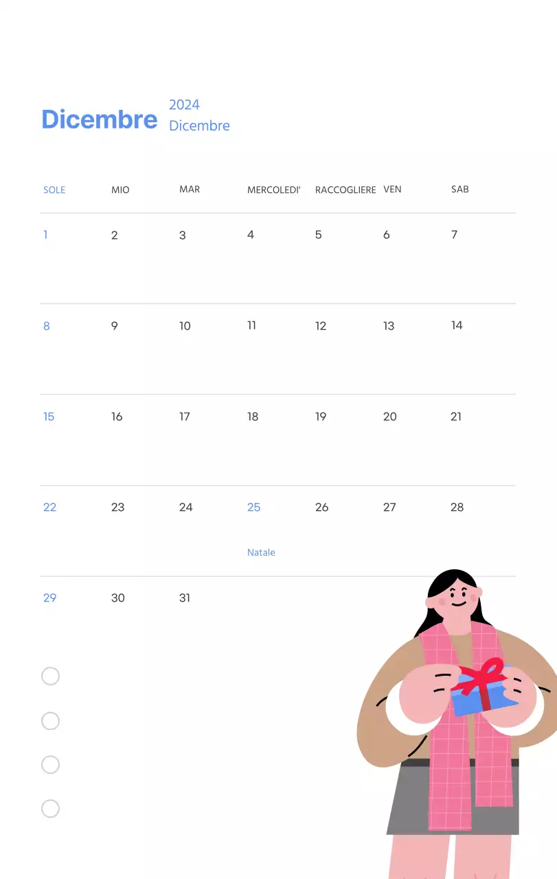 Calendario motivazionale con illustrazioni energetiche e citazioni positive su sfondo azzurro
