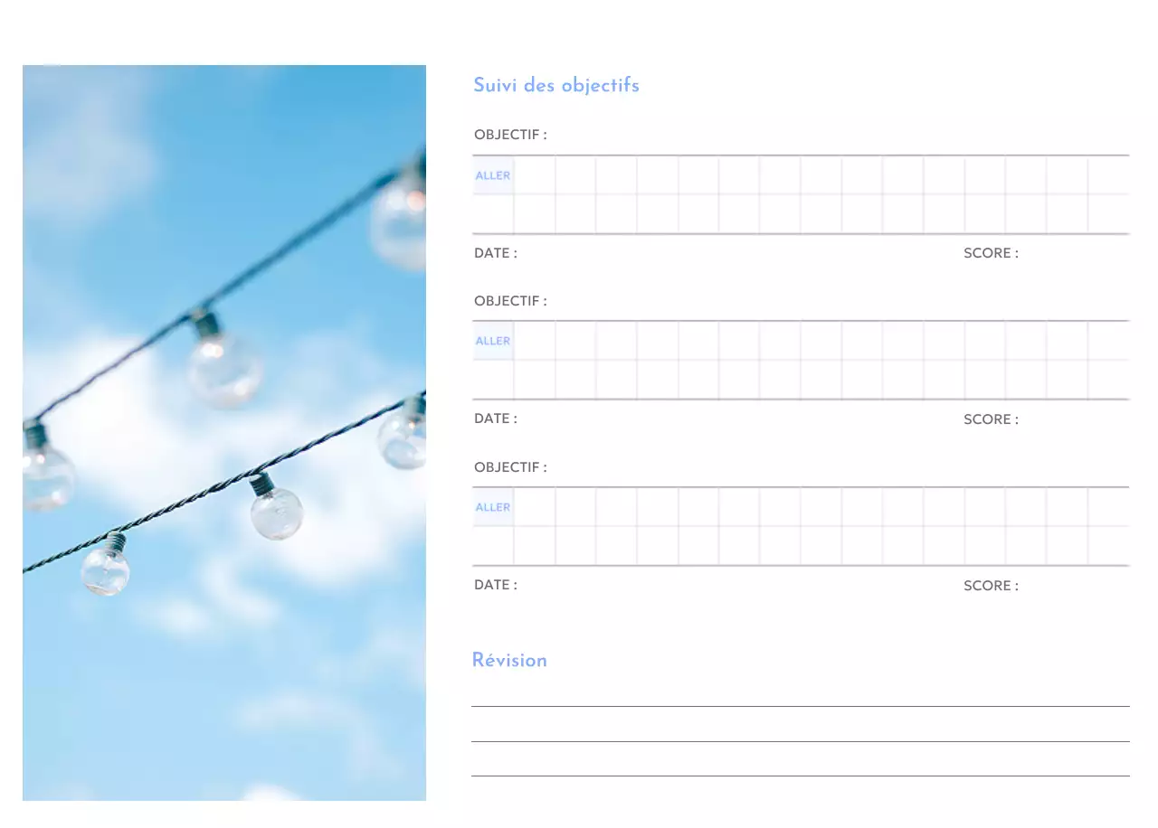 Calendrier de suivi des objectifs avec accents bleus