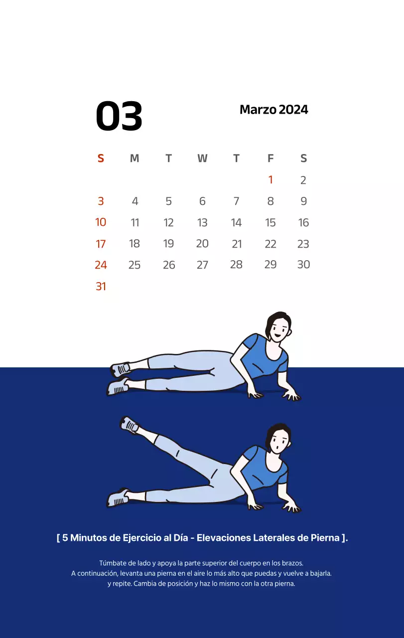 Calendario sencillo con ilustraciones limpias en azul