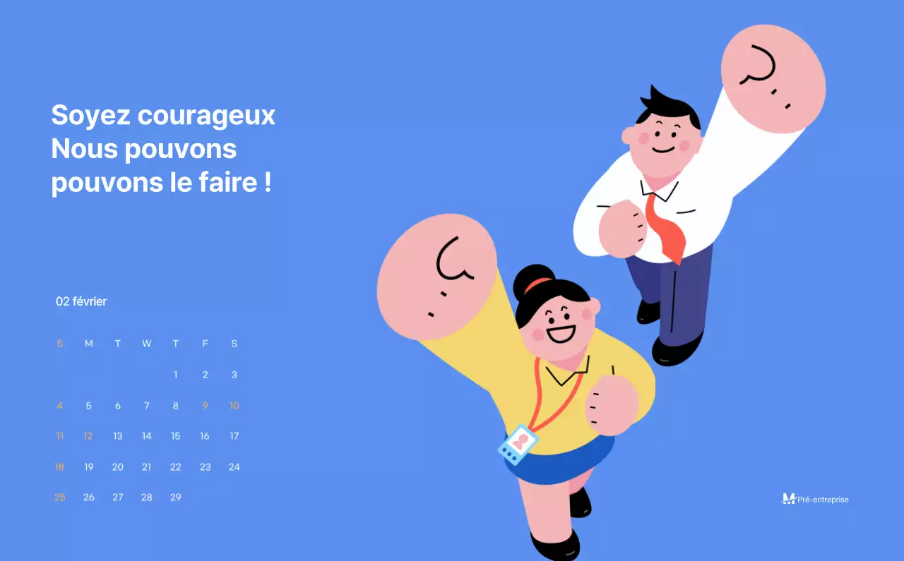 Calendrier de motivation avec des illustrations énergiques et des citations positives sur un fond bleu clair