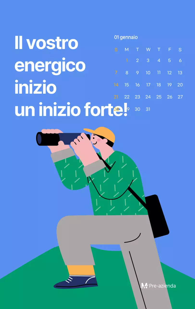 Calendario motivazionale con illustrazioni energetiche e citazioni positive su sfondo azzurro